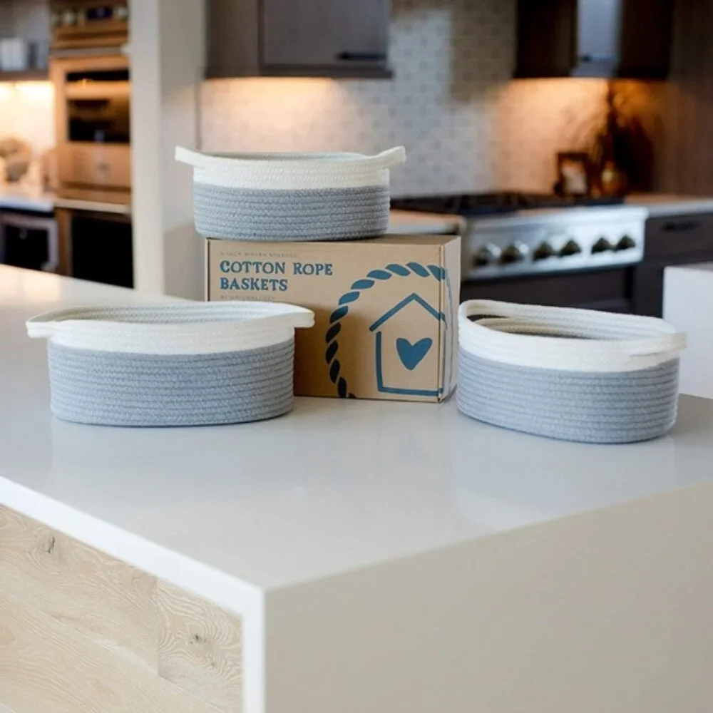 Oval Cotton Rope Storage Basket Set | Set of 3 | Neutral Off-White & Gray